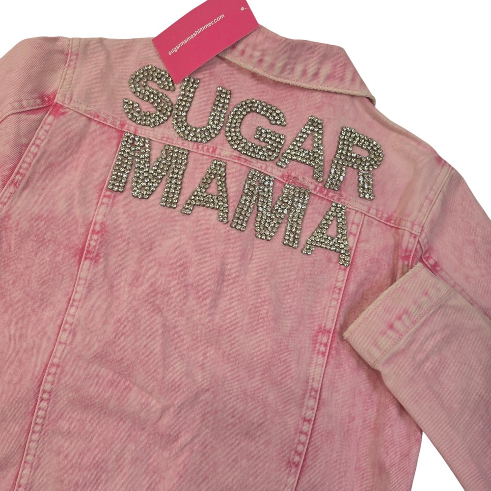 Sugar Mama Pink Acid Wash‎ Distressed Denim Jacket Rhinestone Tag Lg Fits Like M